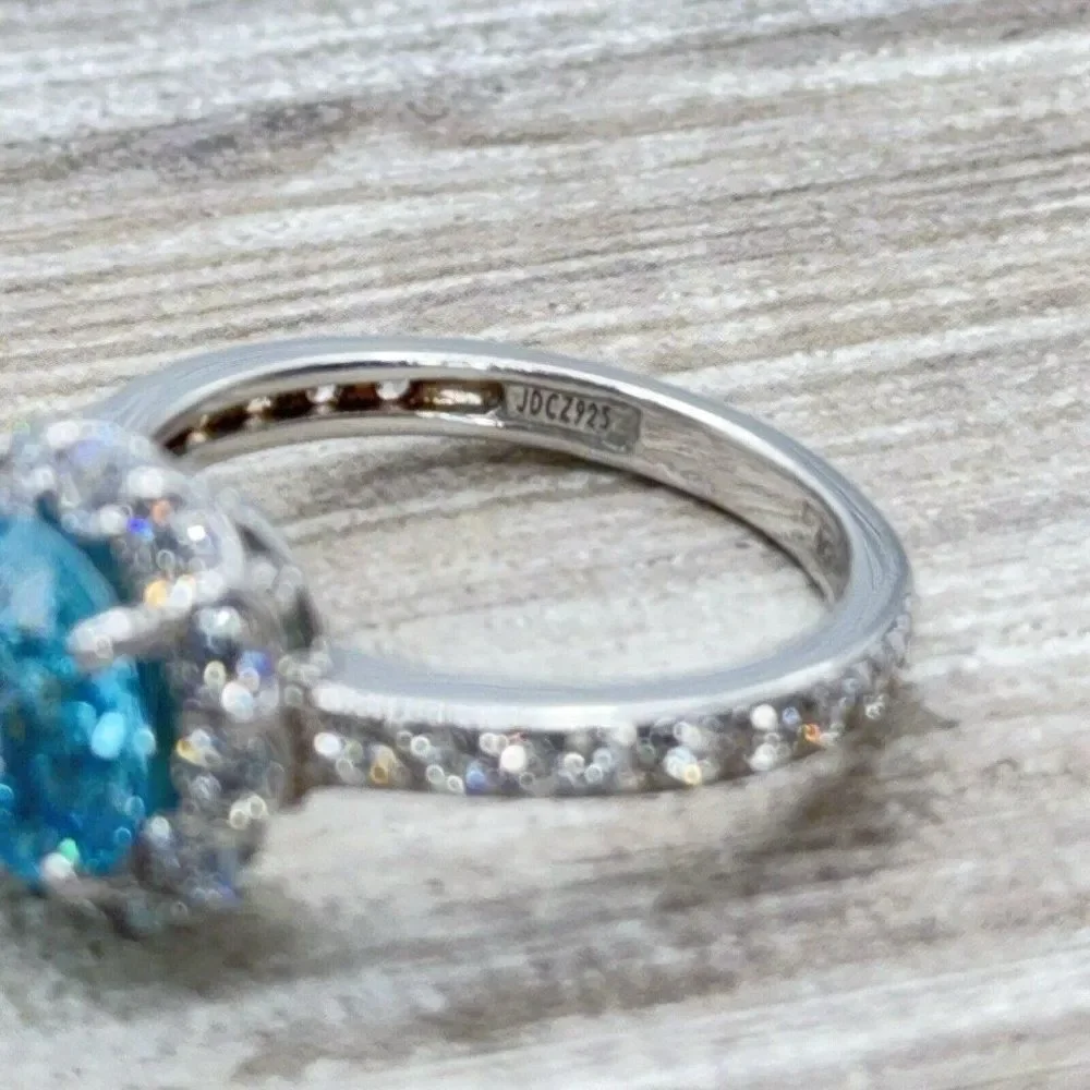 Sterling Silver Ring Sky Blue CZ Faceted Solitaire Halo Clear CZ Size 7.75 Prong - Picture 10 of 14